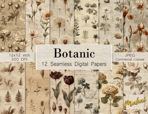 12 Seamless Vintage Floral Botanicals