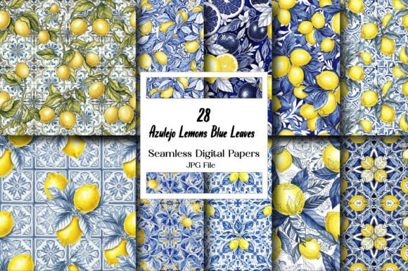 Azulejo Lemons Blue Leaves Digital Paper: A Mediterranean-Inspired Design Resource