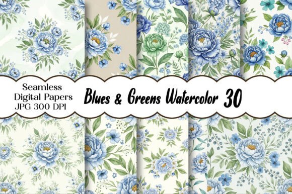 Blues Greens Watercolor Floral Pattern