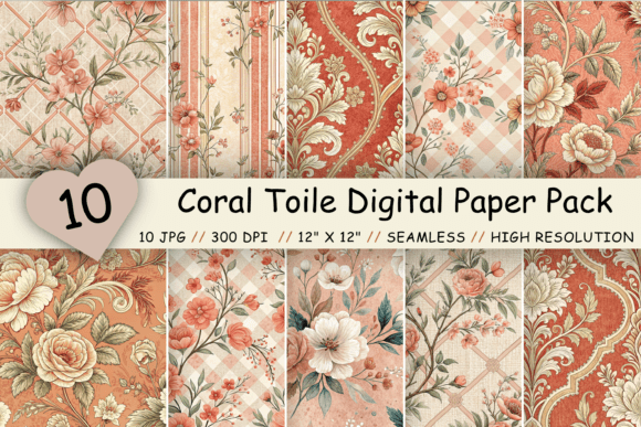 Coral Toile Digital Paper Pack: A Versatile Resource for Creative Projects