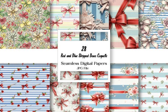 Red and Blue Stripped Bows Coquette Digital Paper
