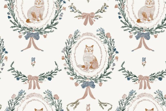 Romantic Rococo Cat Seamless Pattern