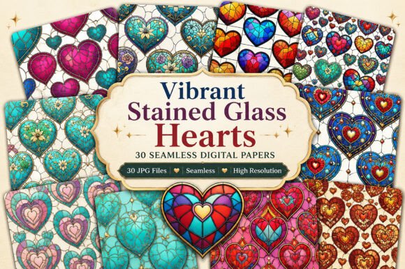 Vibrant Stained Glass Hearts Digital Pap: A Radiant Addition to Creative Projects