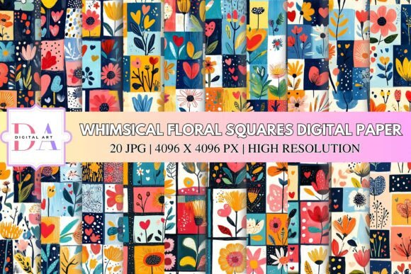 Whimsical Floral Squares Digital Paper
